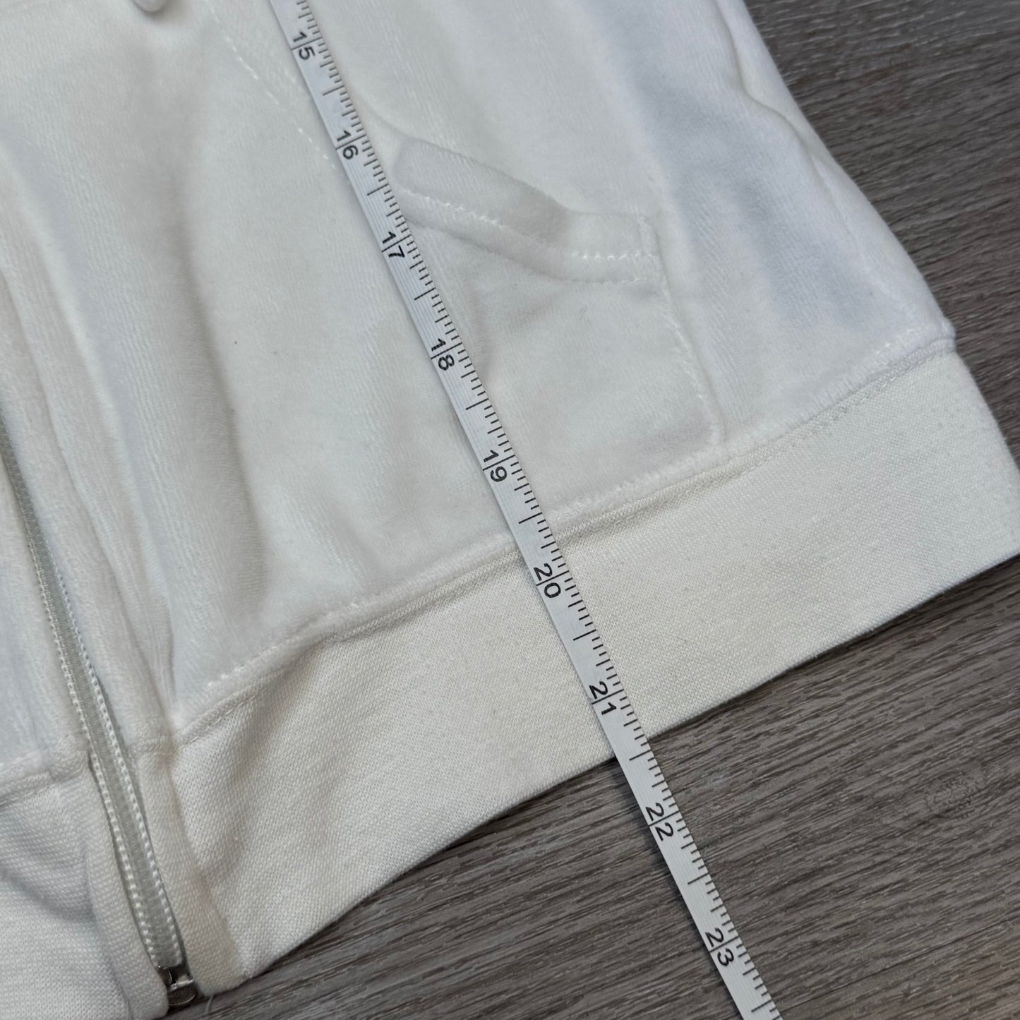 Vintage Juicy Couture Womens White Velour Zip-Up Hoodie Drawstring Pocket Size S