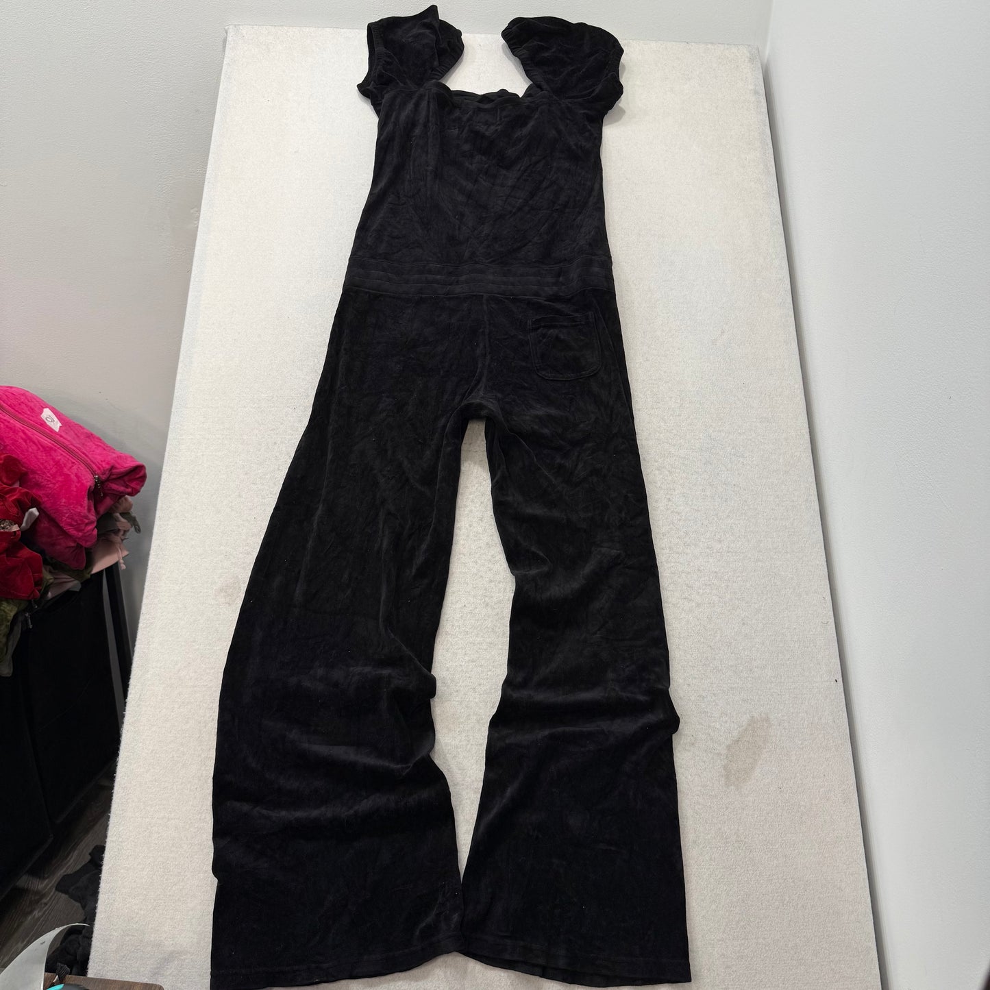 Juicy Couture Women's Black Velour Wide Leg Jumpsuit Buttons Drawstring Size M