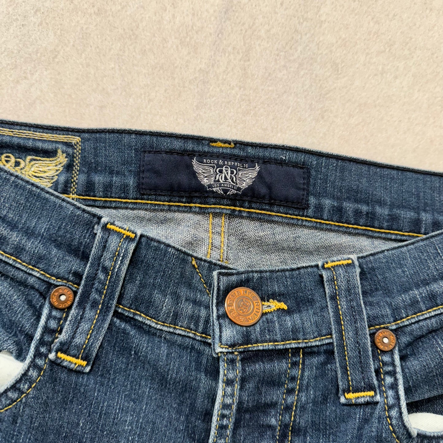 Rock & Republic Kasandra Blue Flared Bootcut Jeans Embroidered Low Rise Size 33