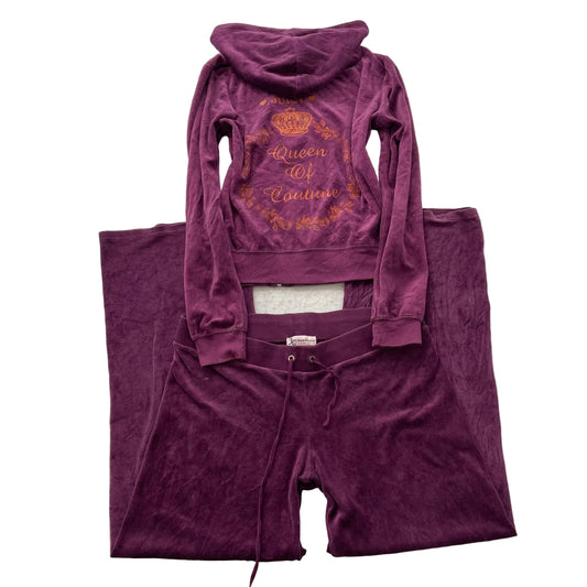 Vtg Juicy Couture Of Queen Couture Women's Burgundy Velour Tracksuit Set Size L