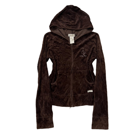 Vintage Baby Phat Womens Dark Brown Velour Zip Up Hoodie Embroidered Logo Size L