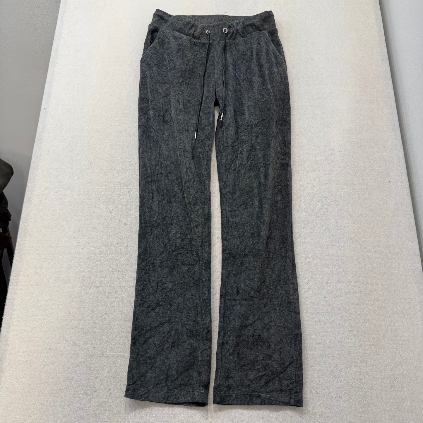 Bebe Women's Charcoal Gray Velour Flared Track Pant Rhinestones Logo Y2K Size S