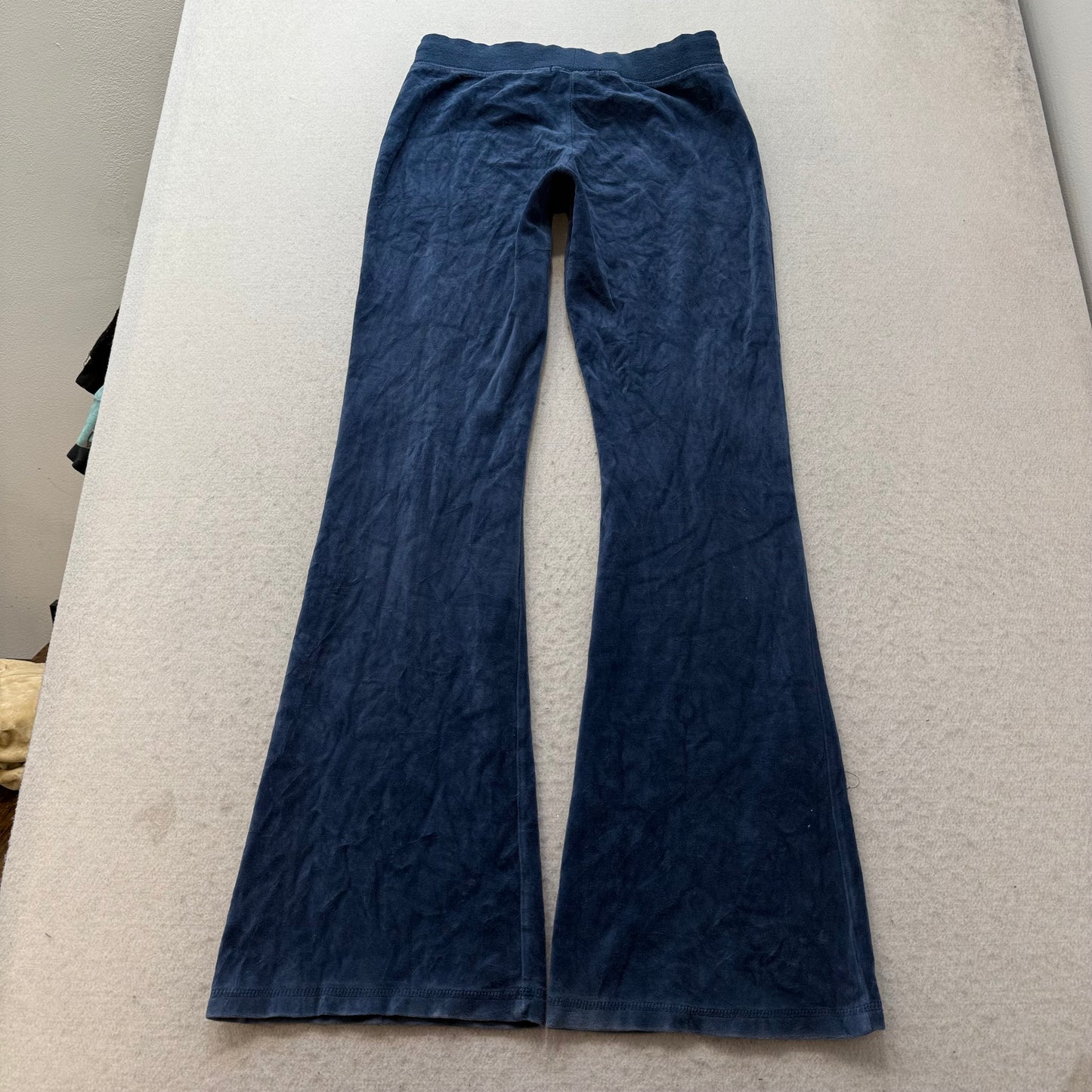 Vintage Juicy Couture Women's Navy Velour Flared Track Pants Drawstring Size S