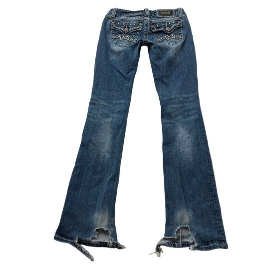 Miss Me Easy Boot Women Blue Bootcut Jeans Embellished Pocket Frayed Hem Size 25