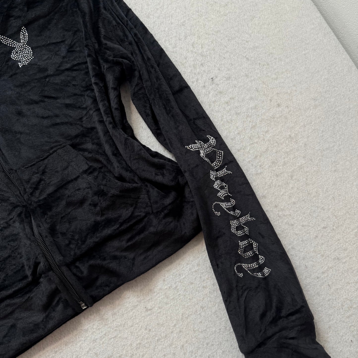 Playboy Women's Black Velour Full Zip Cropped Hoodie Rhinestone Logo Y2K Size L