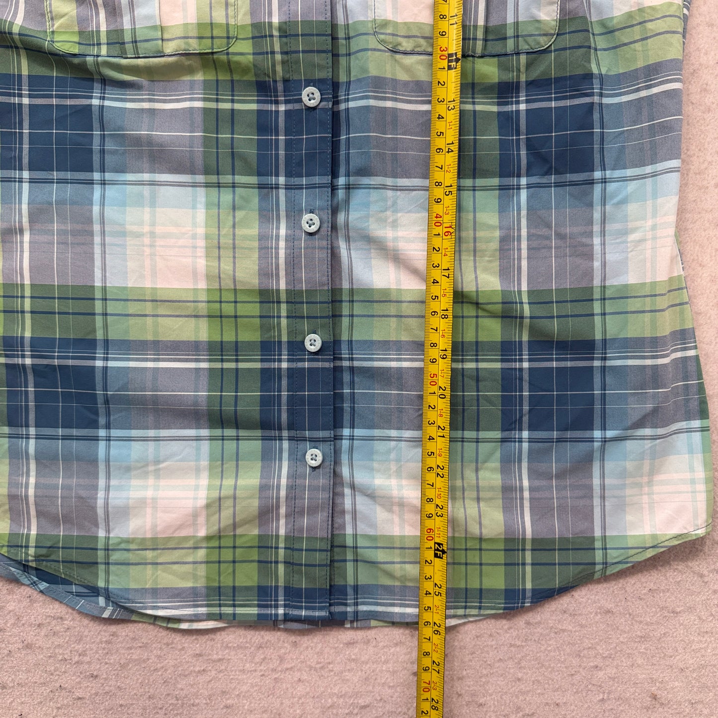 Eddie Bauer Women's Green Blue Nylon Plaid Button Up Shirt Pocket Outdoor Size M