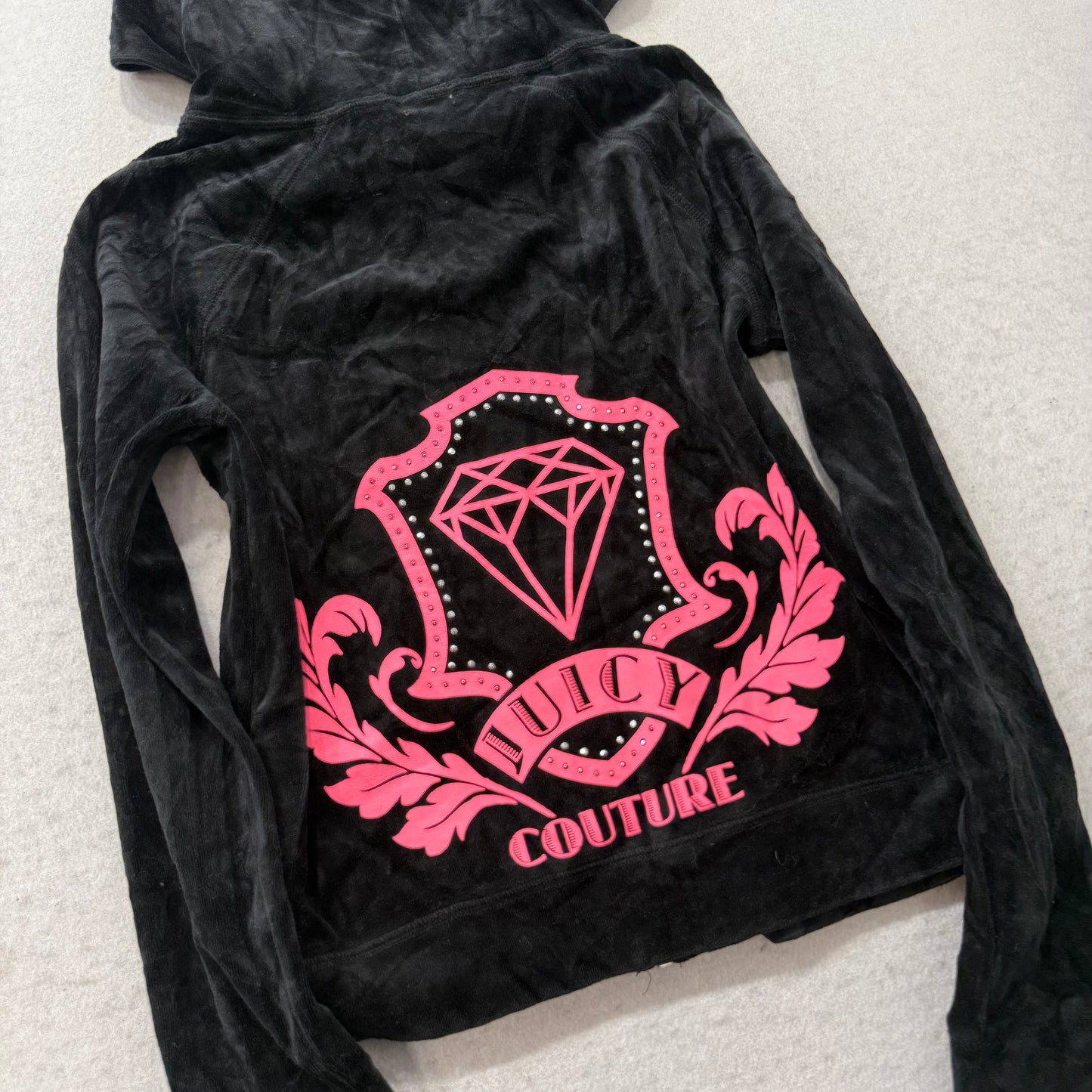 Juicy Couture Women's Black Velour Full Zip Hoodie Bedazzled Graphic Logo Size L