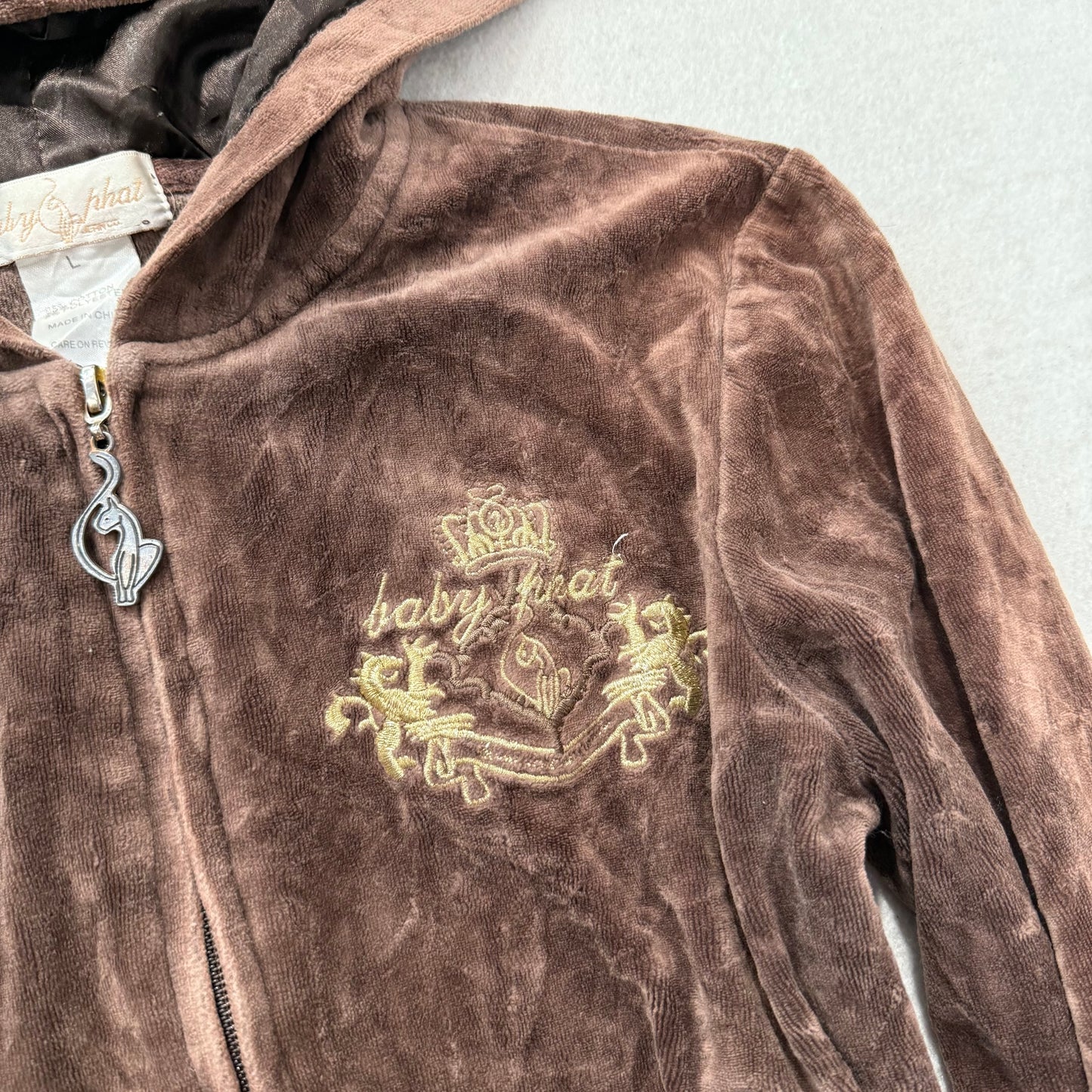Vintage Baby Phat Womens Brown Velour Zip Up Hoodie Graphic Back Logo Y2K Size L