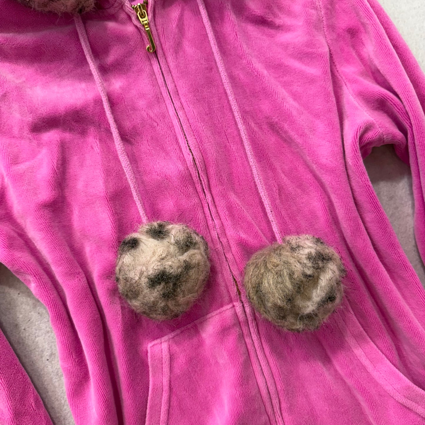 Juicy Couture Hot Pink Velour Zip-Up Hoodie Faux Fur Hood with Pom-Poms Size S