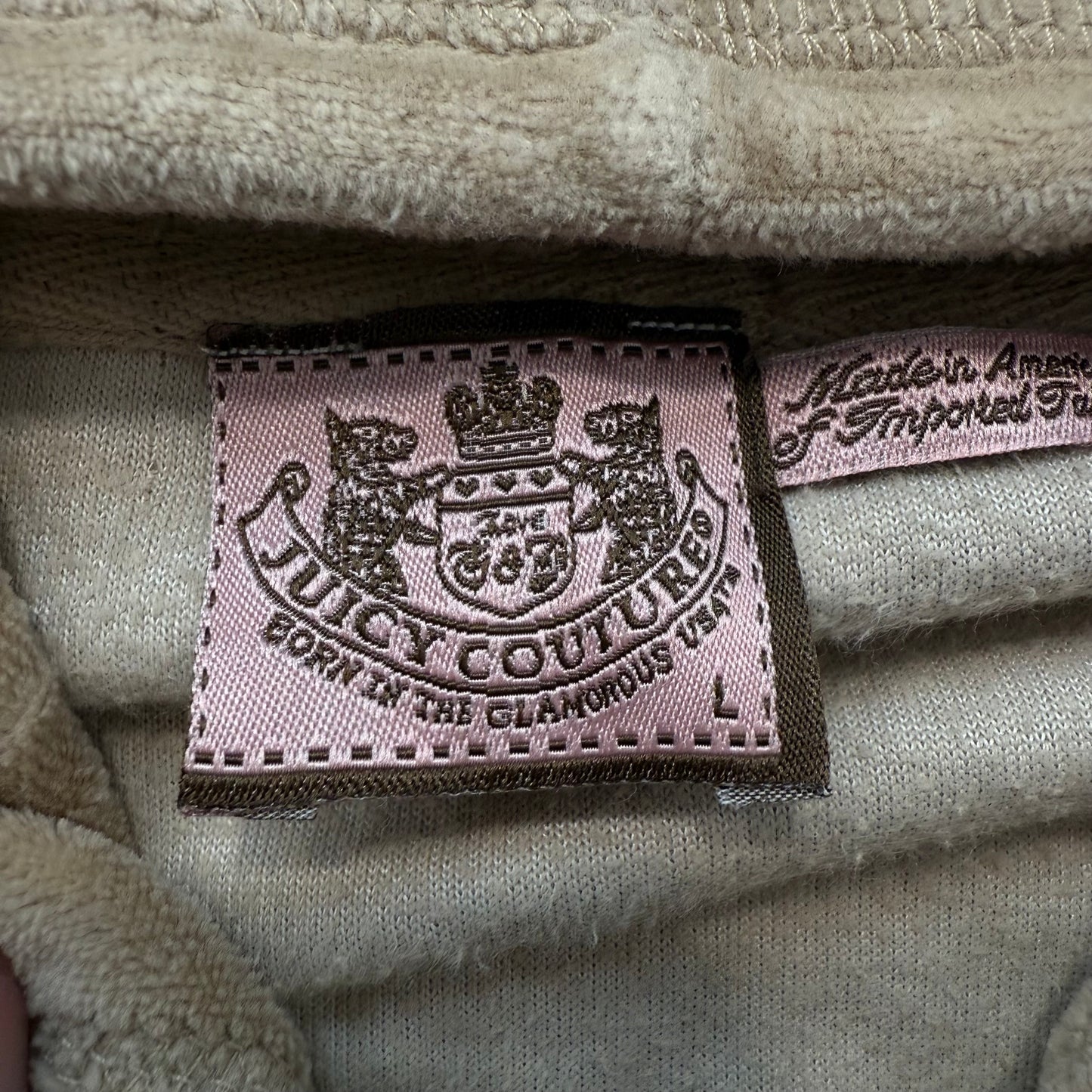 Vintage Juicy Couture "Queen of Couture" Women Khaki Velour Zip-Up Hoodie Size L
