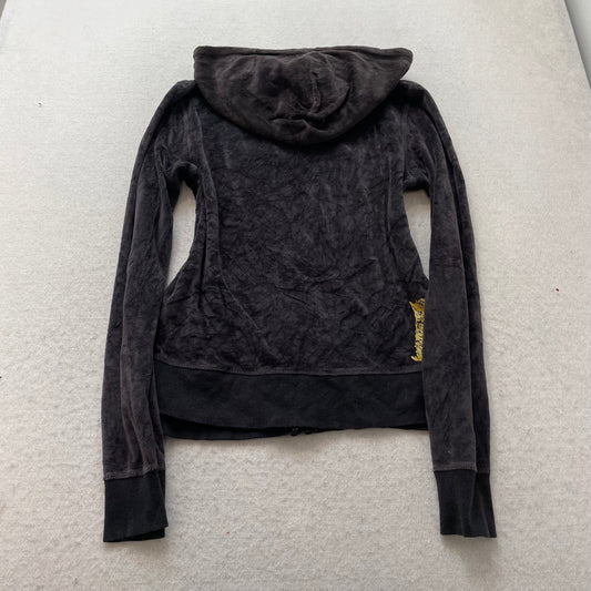 Vintage Juicy Couture Womens Deep Charcoal Velour Hoodie Scottie Dog Logo Size L