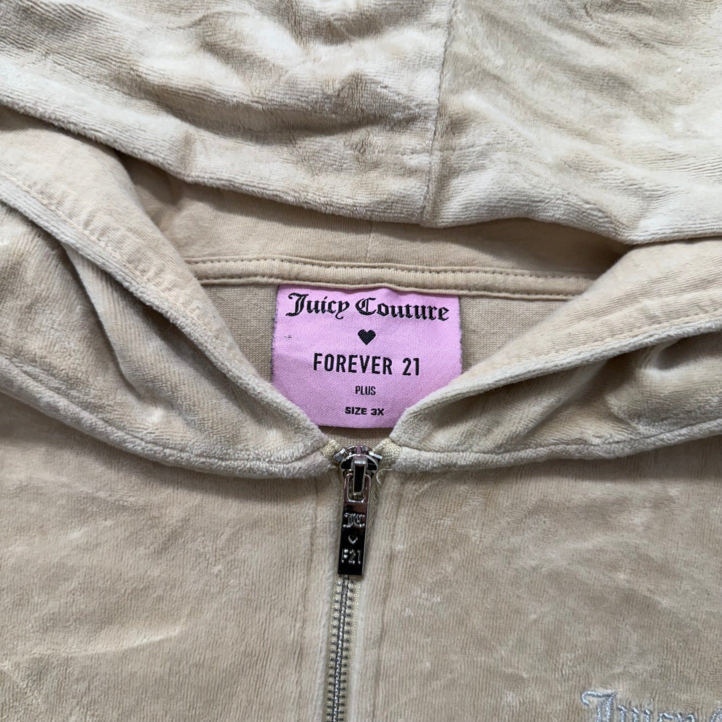 Juicy Couture Forever 21 Womens Tan Velour Zip-Up Hoodie Rhinestone Logo Size 3X