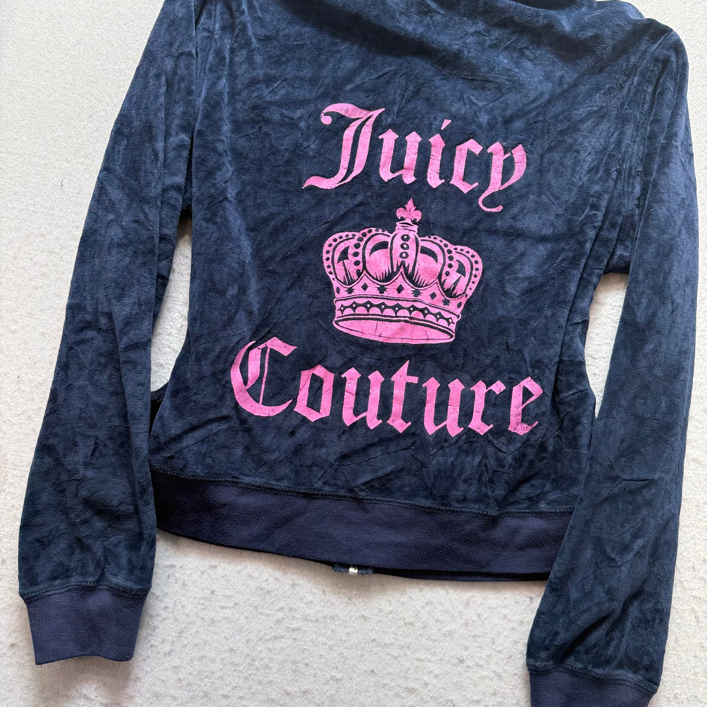 Juicy Couture Women's Navy Velour Zip-Up Hoodie Crown Logo Pockets Y2k Size XL