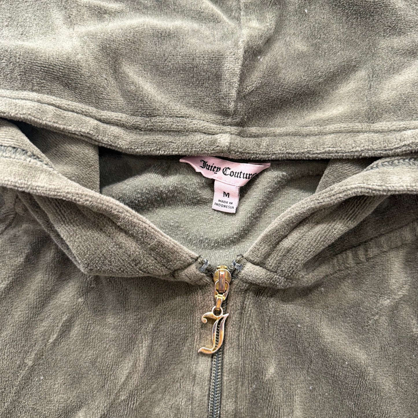 Juicy Couture Womens Olive Velour Zip-Up Hoodie Sequin Laurel Wreath Logo Size M