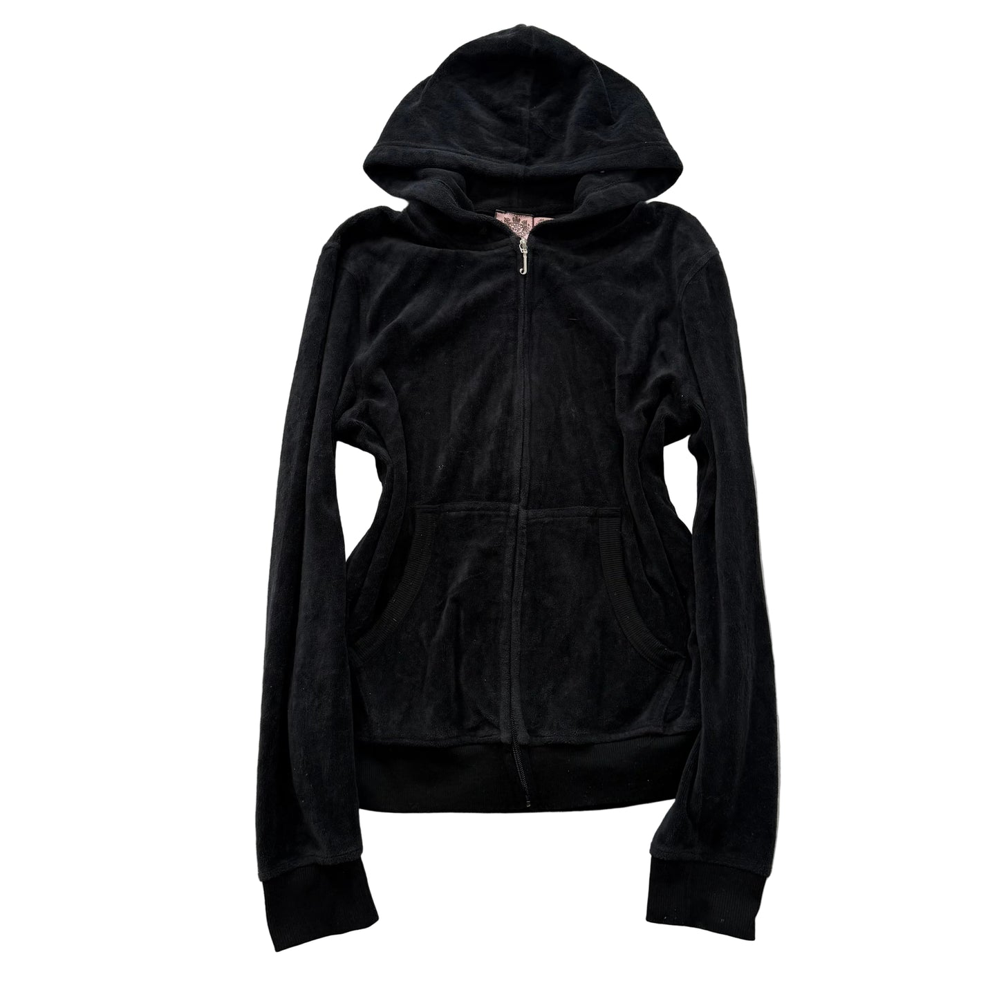 Juicy Couture Women's Jet Black Velour Zip-Up Hoodie Kangaroo Pockets Y2K Size M