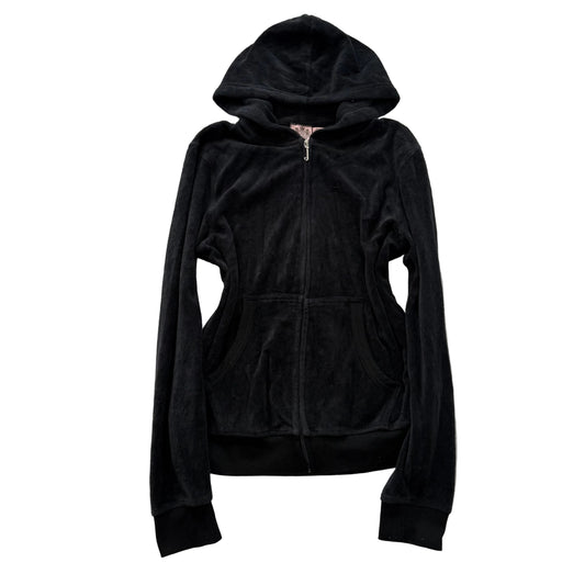 Juicy Couture Women's Jet Black Velour Zip-Up Hoodie Kangaroo Pockets Y2K Size M