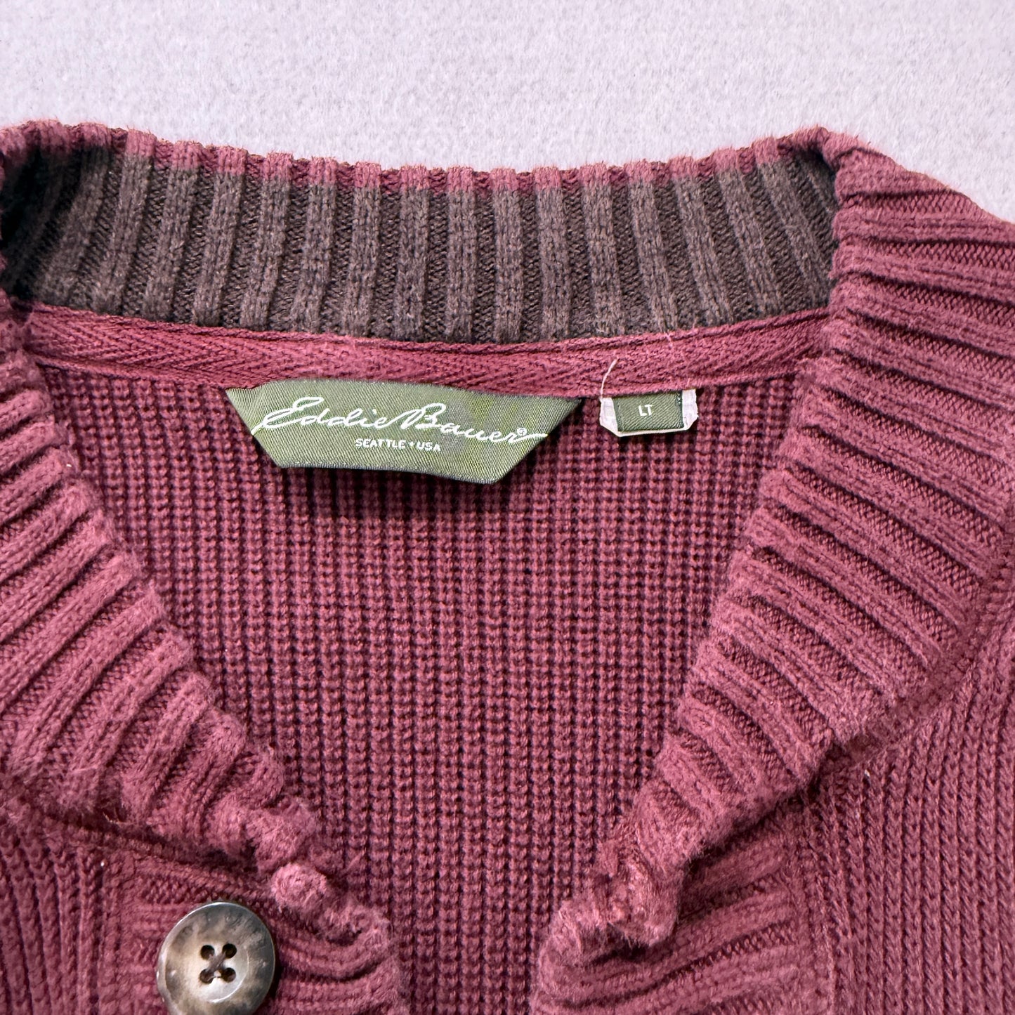 Eddie Bauer Men's Maroon Pullover Ribbed Knit Henley Sweater Classic Size LT