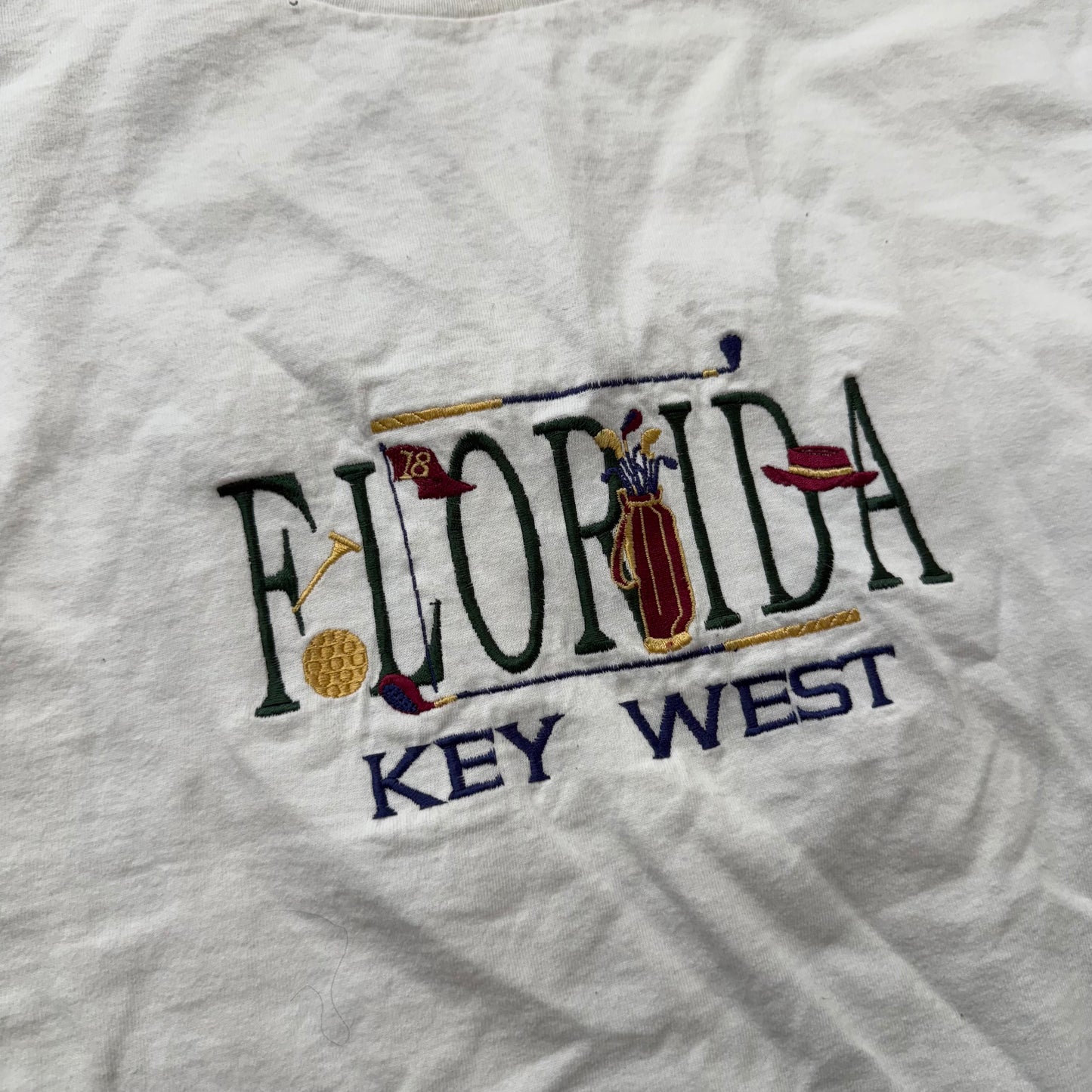 Key West Florida Embroidered White T-Shirt Short Sleeves Souvenir Tee Size L