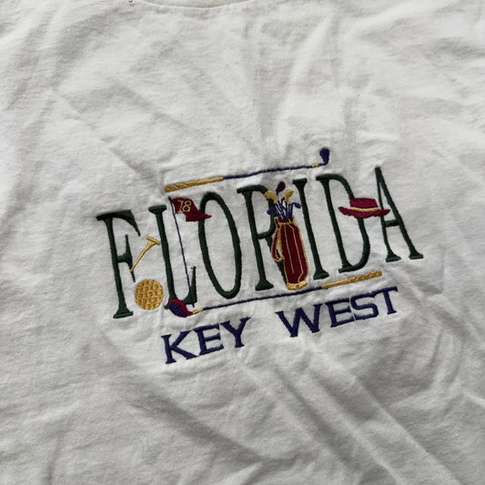 Key West Florida Embroidered White T-Shirt Short Sleeves Souvenir Tee Size L