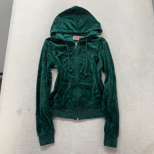 Vintage Juicy Couture Womens Dark Green Velour Zip Up Hoodie Graphic Logo Size S