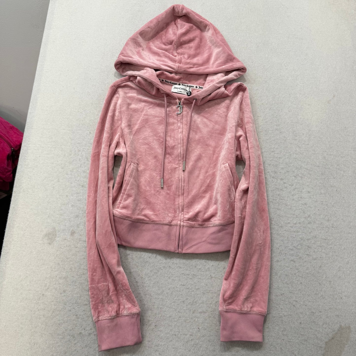 Juicy Couture Women's Light Pink Velour Cropped Hoodie Rhinestone Logo Size M
