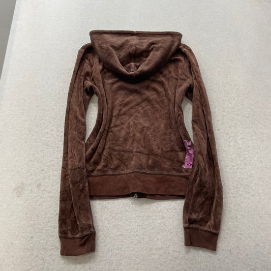 Juicy Couture Womens Dark Brown Velour Zip-Up Hoodie Pockets Y2k Dog Logo Size M