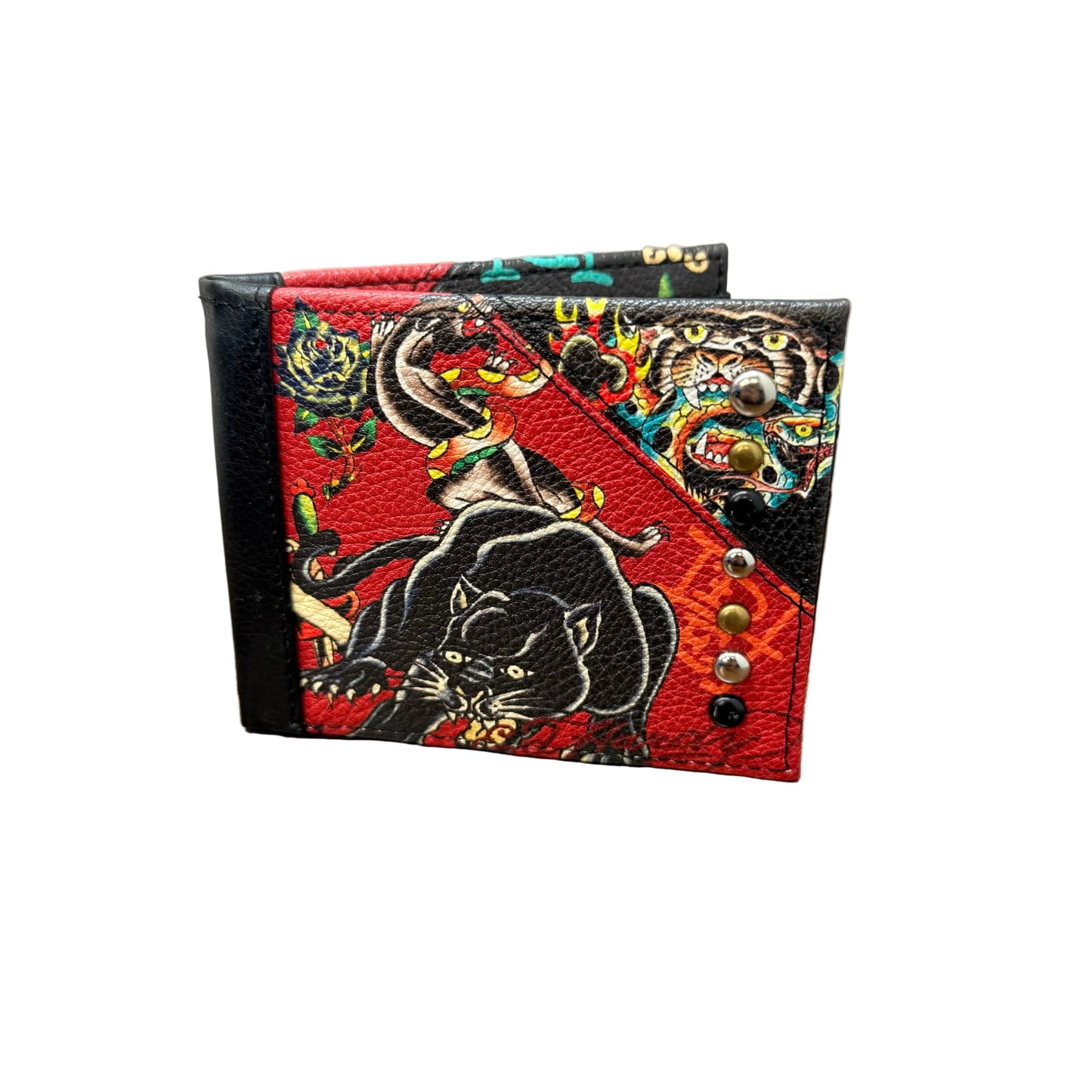 Ed Hardy Black Panther Tiger Tattoo Graphic Print Studded Leather Bifold Wallet