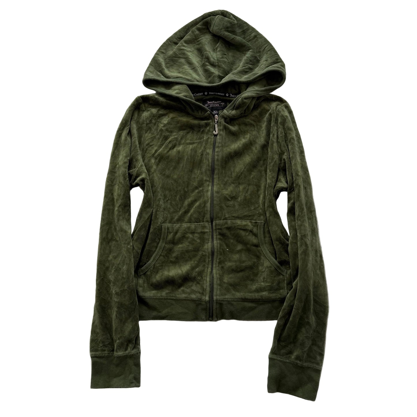 Juicy Couture Women's Olive Green Velour Full Zip Hoodie Kangaroo Pocket Size XL