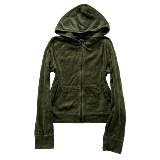 Juicy Couture Women's Olive Green Velour Full Zip Hoodie Kangaroo Pocket Size XL