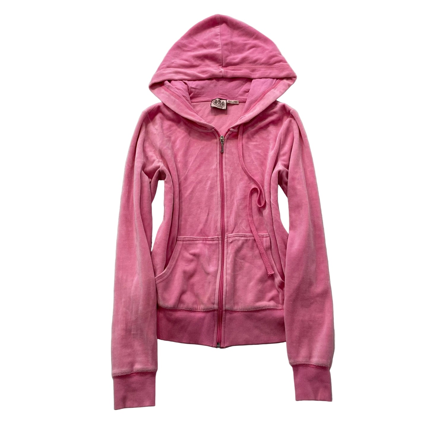 Vintage Juicy Couture Women's Pink Velour Zip-Up Hoodie Drawstring Pocket Size S