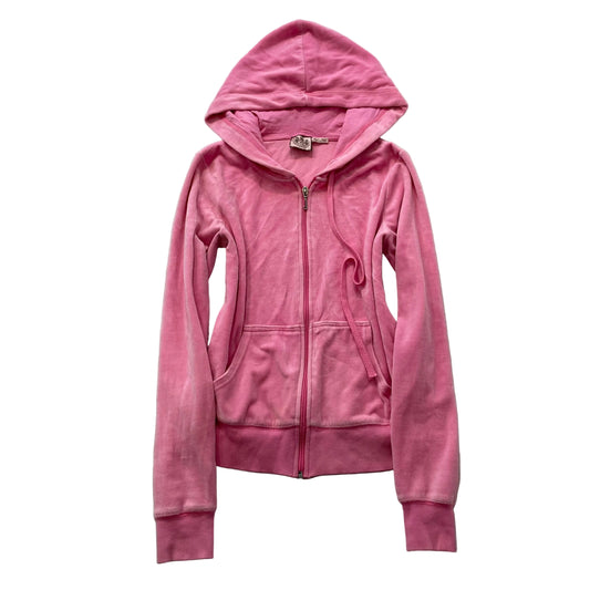 Vintage Juicy Couture Women's Pink Velour Zip-Up Hoodie Drawstring Pocket Size S