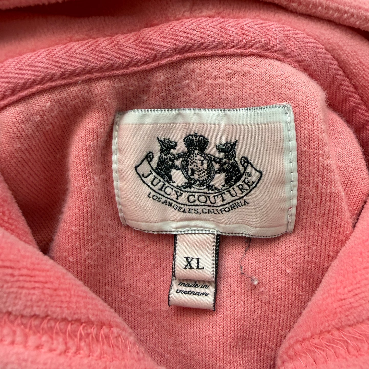 Juicy Couture Women's Pink Velour Zip-Up Hoodie Pockets Sequin Bow Logo Size XL