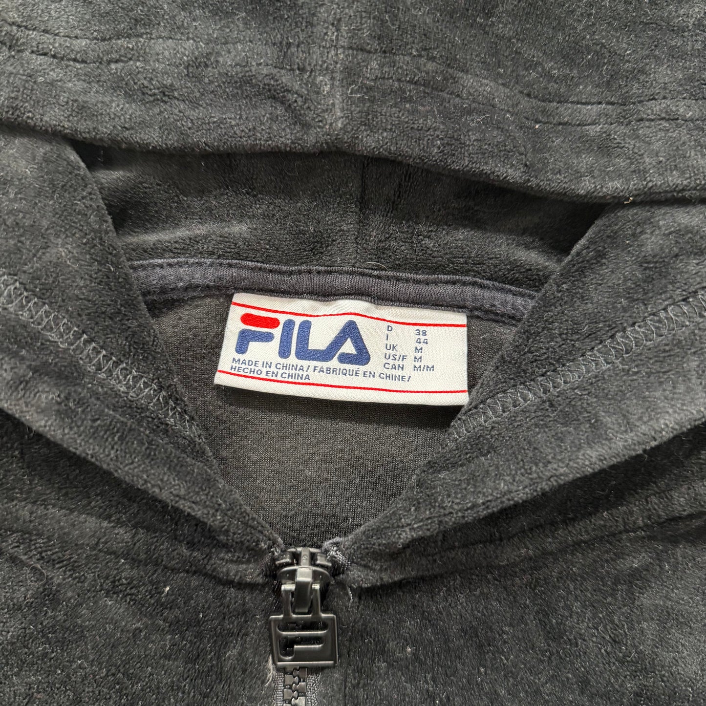 Fila Women's Jet Black Velour Pullover Hoodie Quarter Zip Elasticated Hem Size M