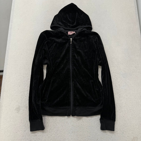 Juicy Couture Women's Jet Black Velour Zip Up Hoodie Graphic Logo Preppy Size XL