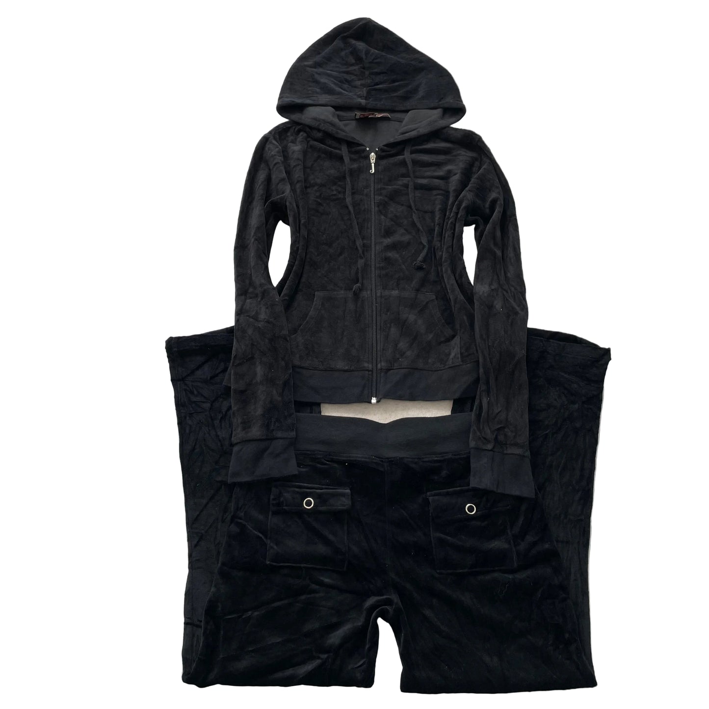 Vintage Juicy Couture Womens Black Velour Tracksuit Set Y2k Hoodie & Pant Size L
