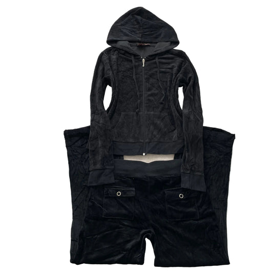 Vintage Juicy Couture Womens Black Velour Tracksuit Set Y2k Hoodie & Pant Size L