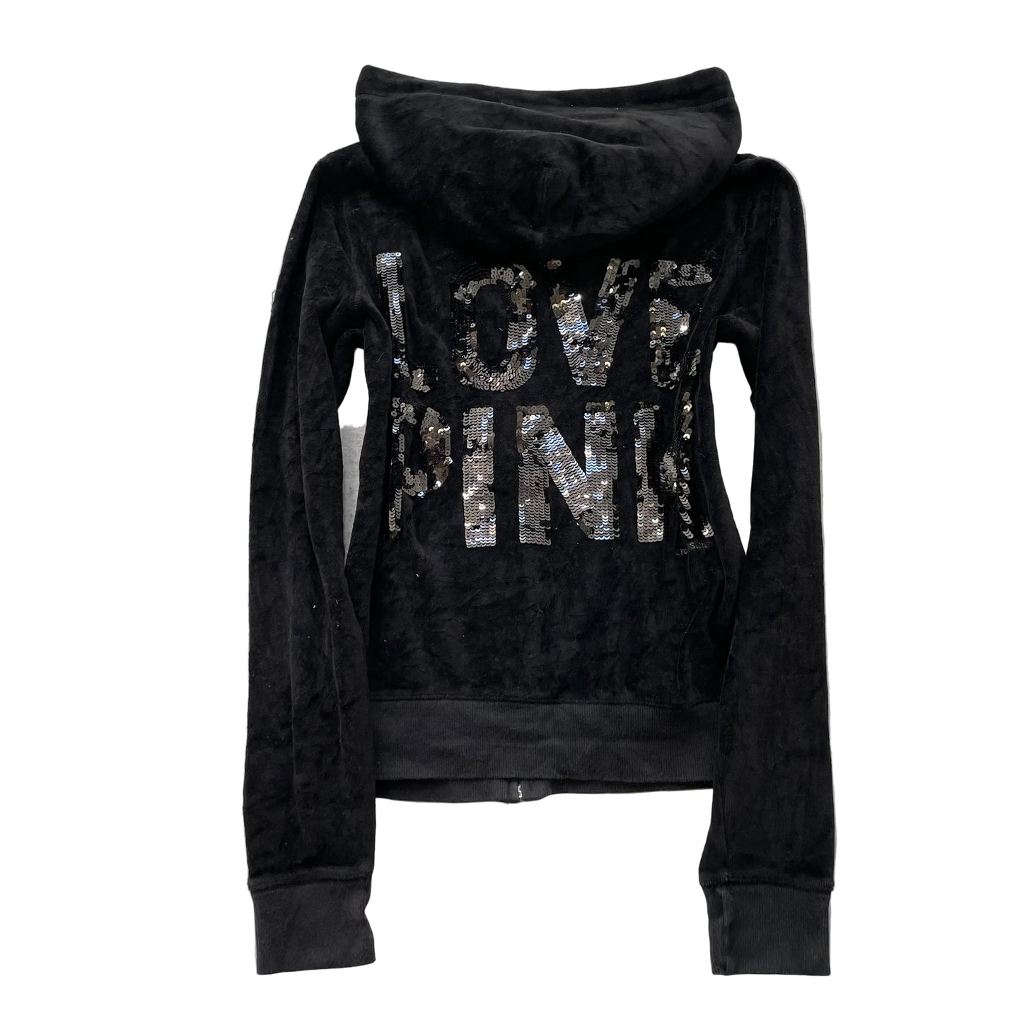 Victoria's Secret PINK Women's Black Velour Zip-Up Hoodie Sequin Logo Y2k Size M