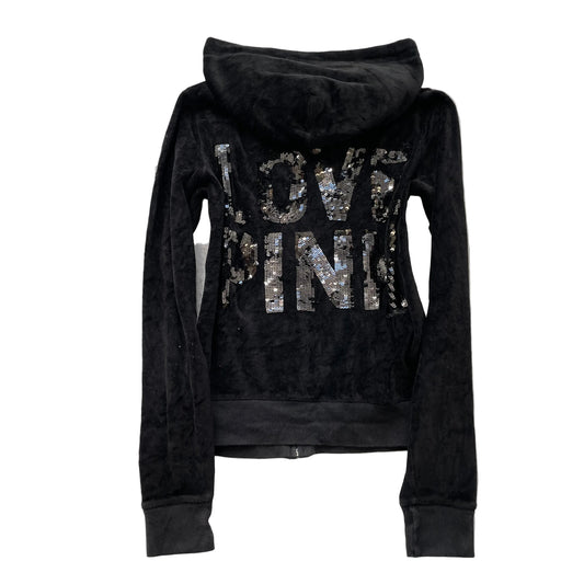 Victoria's Secret PINK Women's Black Velour Zip-Up Hoodie Sequin Logo Y2k Size M