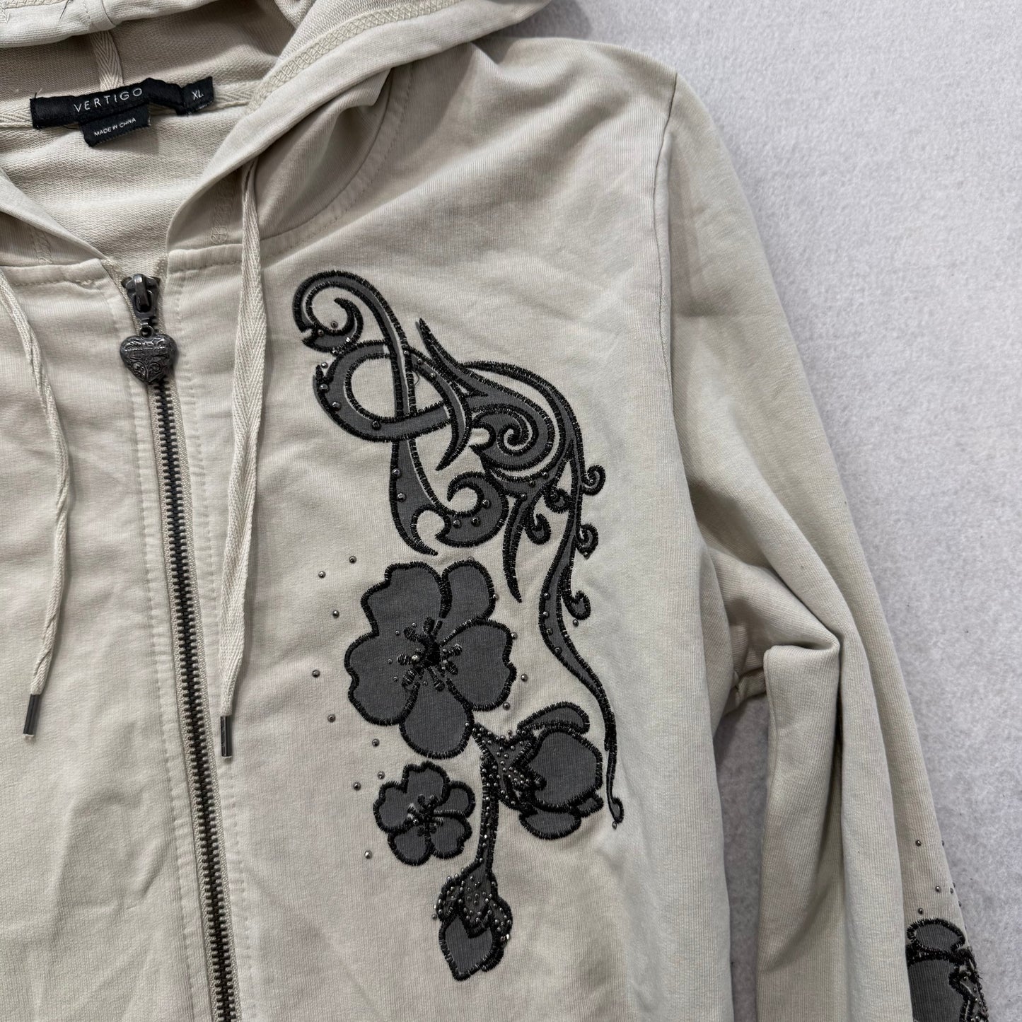 Vertigo Women's White Cotton Zip Up Hoodie Floral Rhinestones Logo Y2K Size XL