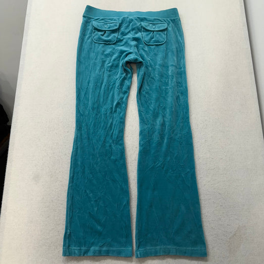 Vintage Juicy Couture Women Teal Blue Velour Flare Track Pant Snap Pocket Size L