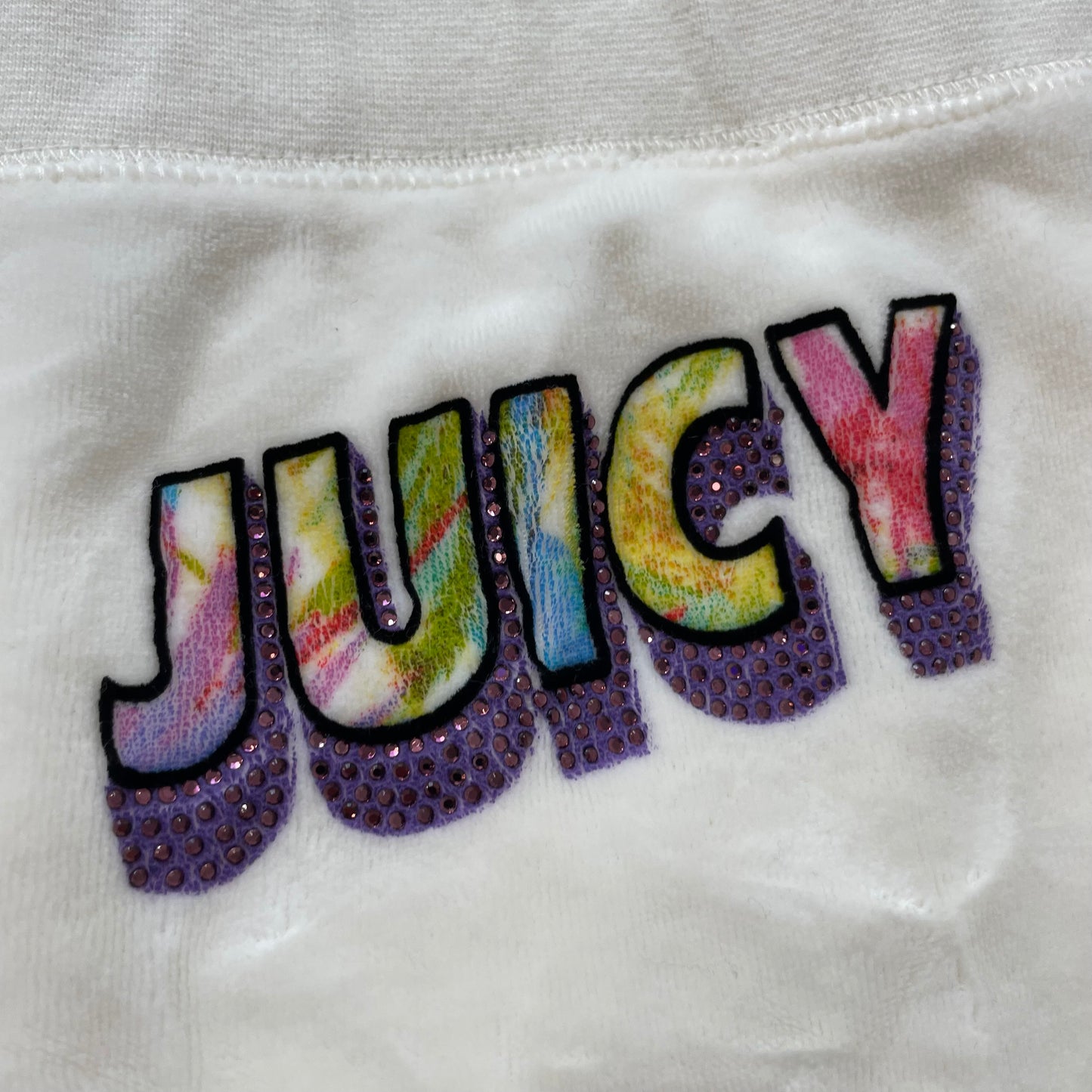 Juicy Couture Women's White Velour Flare Track Pant Colorful Rhinestones Size L