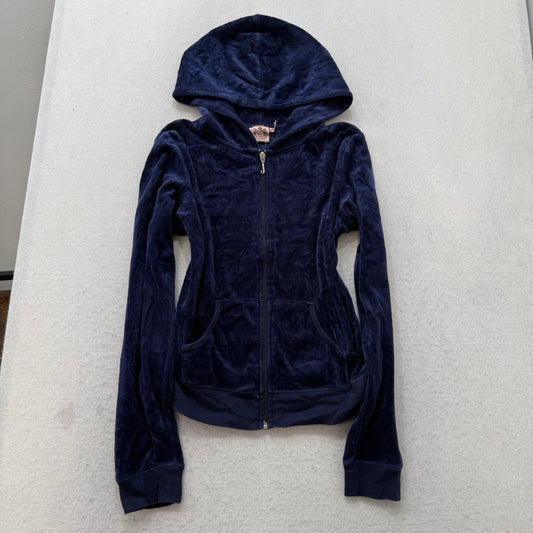 Vintage Juicy Couture “Scottie Dogs” Women Navy Blue Velour Zip Up Hoodie Size L