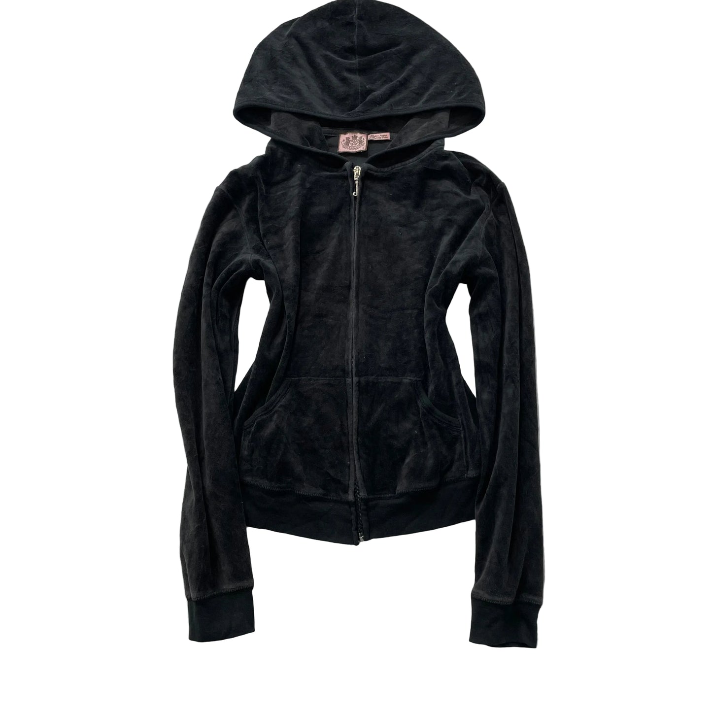 Vintage Juicy Couture Women's Black Velour Zip-Up Hoodie Pockets Y2k Size S