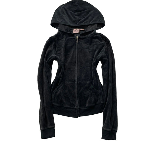 Vintage Juicy Couture Women's Black Velour Zip-Up Hoodie Pockets Y2k Size S