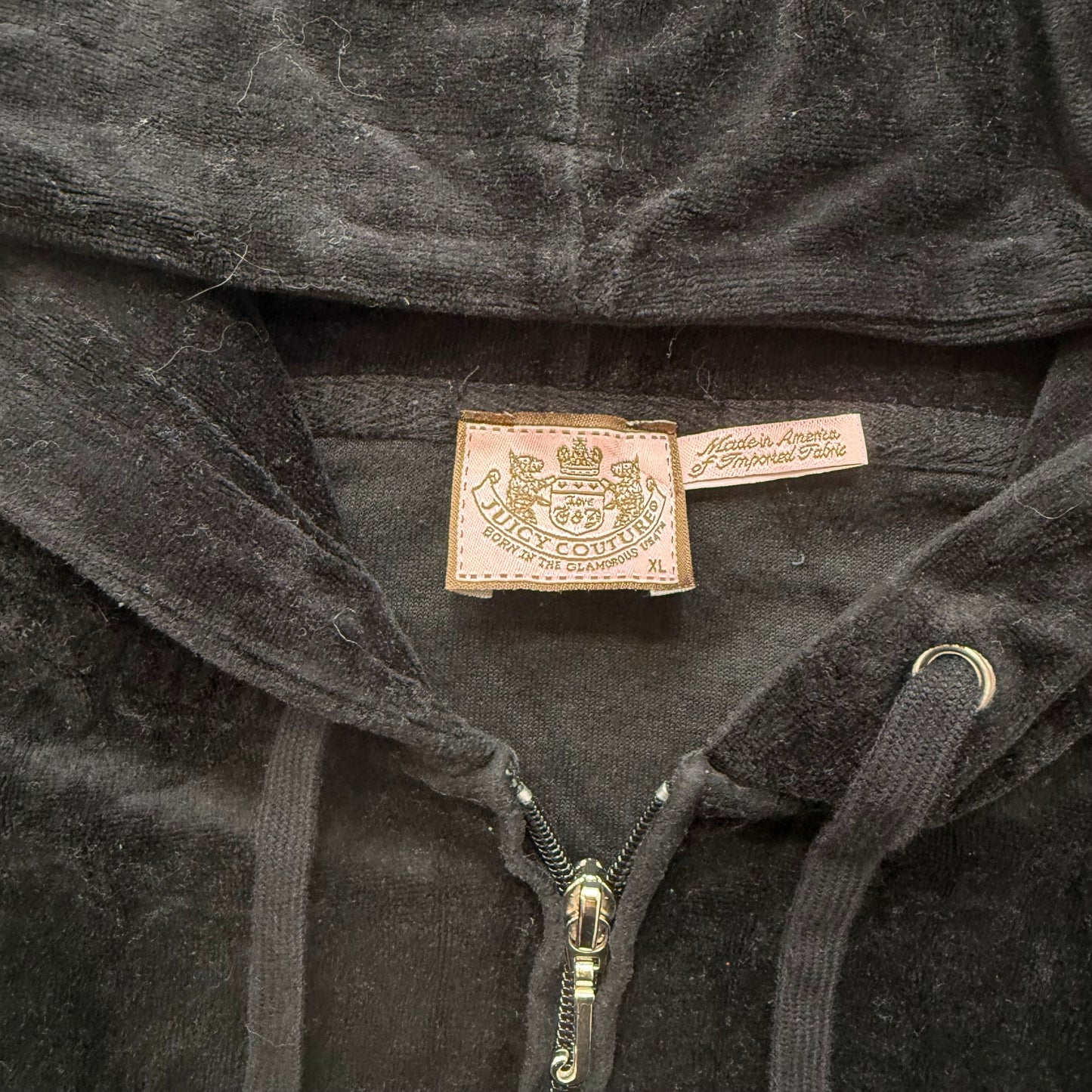 Juicy Couture Women's Black Velour Zip-Up Hoodie Crown Logo Pockets Y2k Size XL