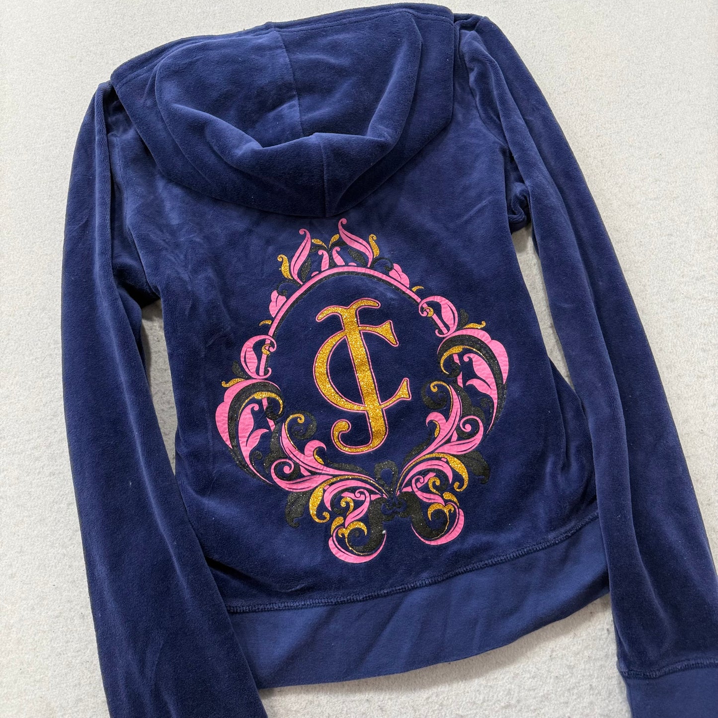 Juicy Couture Women's Navy Velour Zip-Up Hoodie Back Crest Graphic Logo Size XL