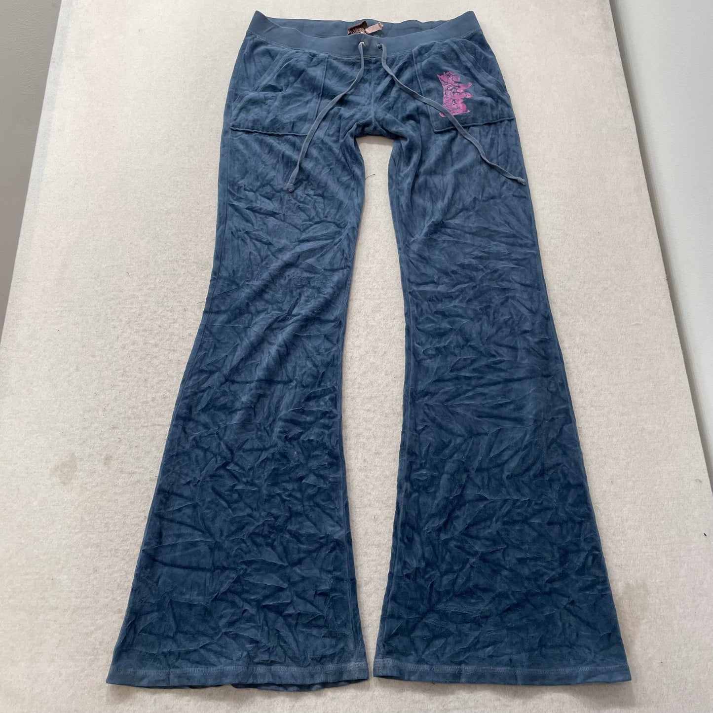 Vintage Juicy Couture Womens Slate Blue Velour Flared Track Pant Dog Logo Size S