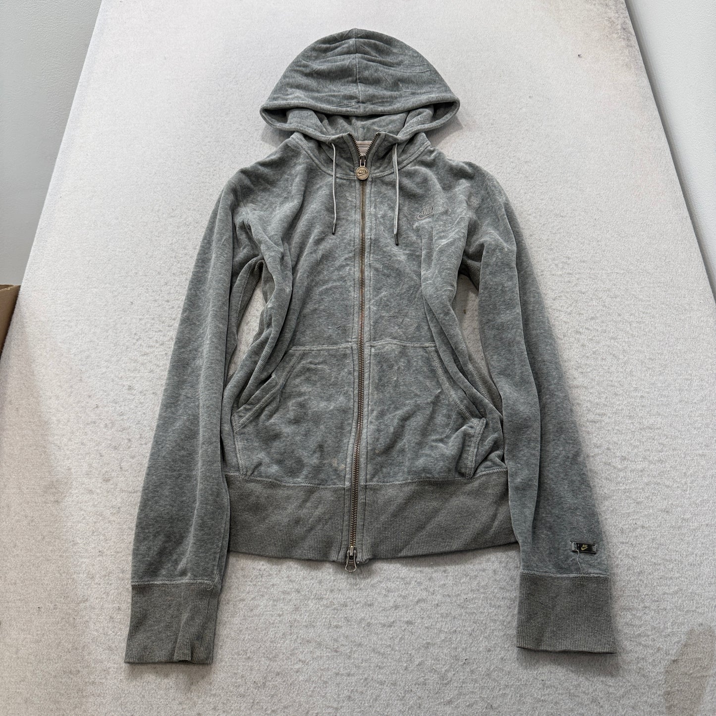 Nike Sportswear Women Grey Velour Zip-Up Hoodie Pockets Drawstring Casual Size L