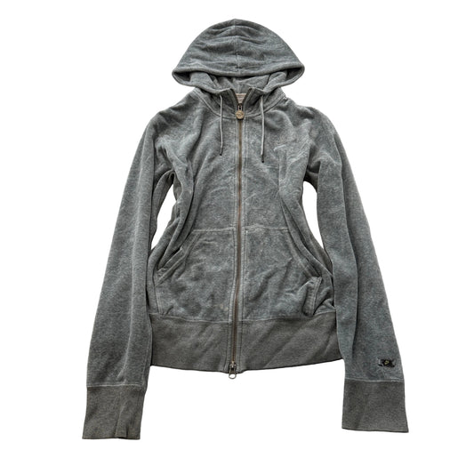 Nike Sportswear Women Grey Velour Zip-Up Hoodie Pockets Drawstring Casual Size L