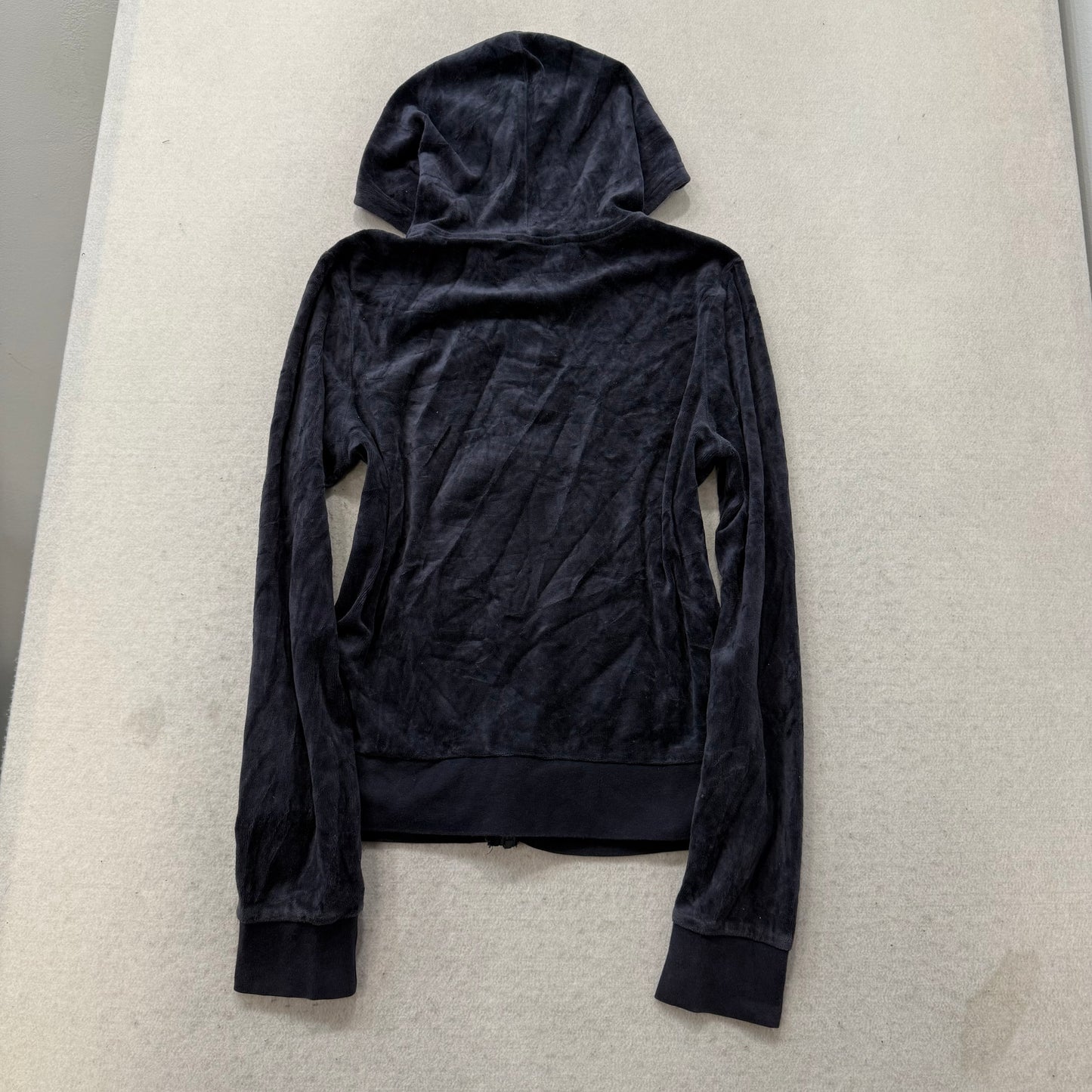 Juicy Couture Women's Navy Velour Full Zip Hoodie Split Kangaroo Pockets Size M